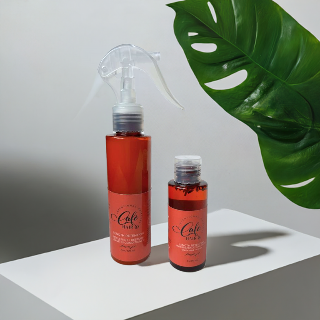 Café Hair Co. Length Retention Duo – Black woman-owned natural hair products including leave-in conditioner and sealing oil designed to prevent breakage and retain length on curly and coily hair.