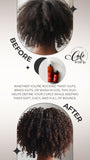 Before and after hair care product advertisement with a person's hair shown, featuring 'Cafe Hair' brand.